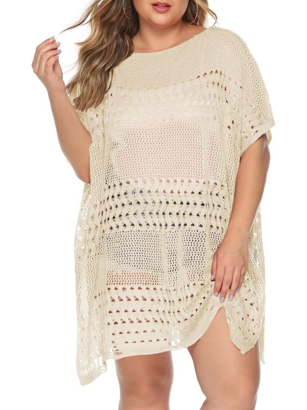 Women's D Hollow Beige One Size Polyester Crochet Summer Swimsuit Coverup Dress